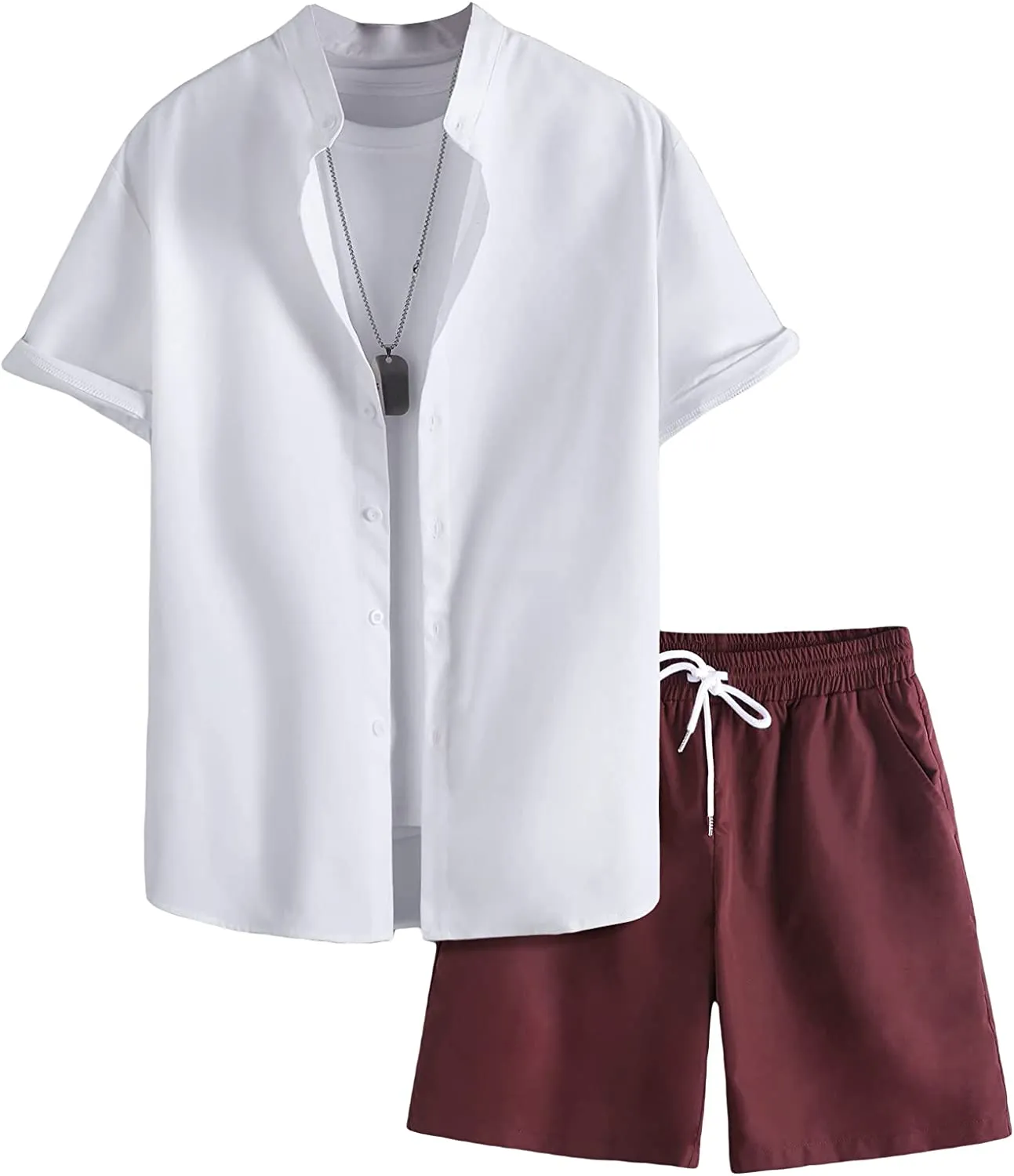 Men's Casual 2 Piece Lapel Neck Button Down Shirt and Shorts Set