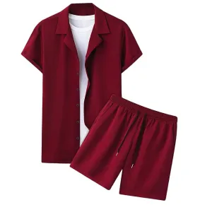 Men's Casual 2 Piece Lapel Neck Button Down Shirt and Shorts Set