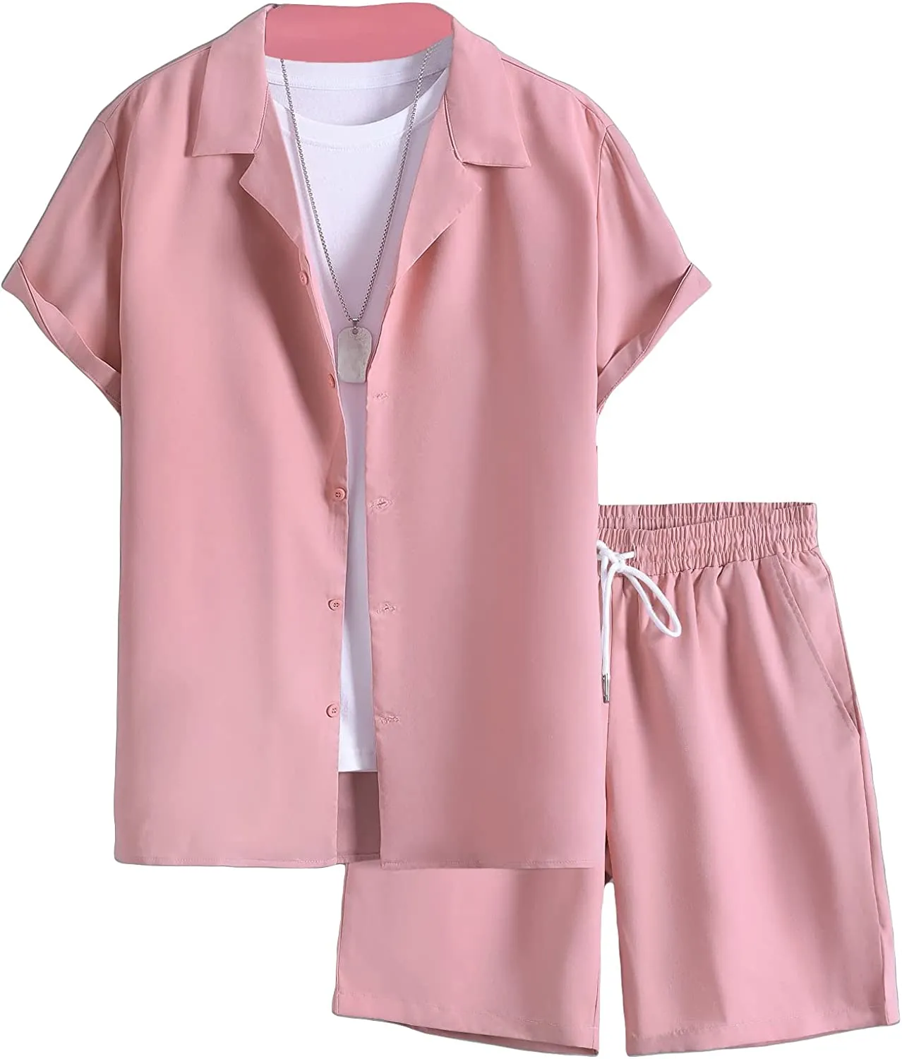 Men's Casual 2 Piece Lapel Neck Button Down Shirt and Shorts Set