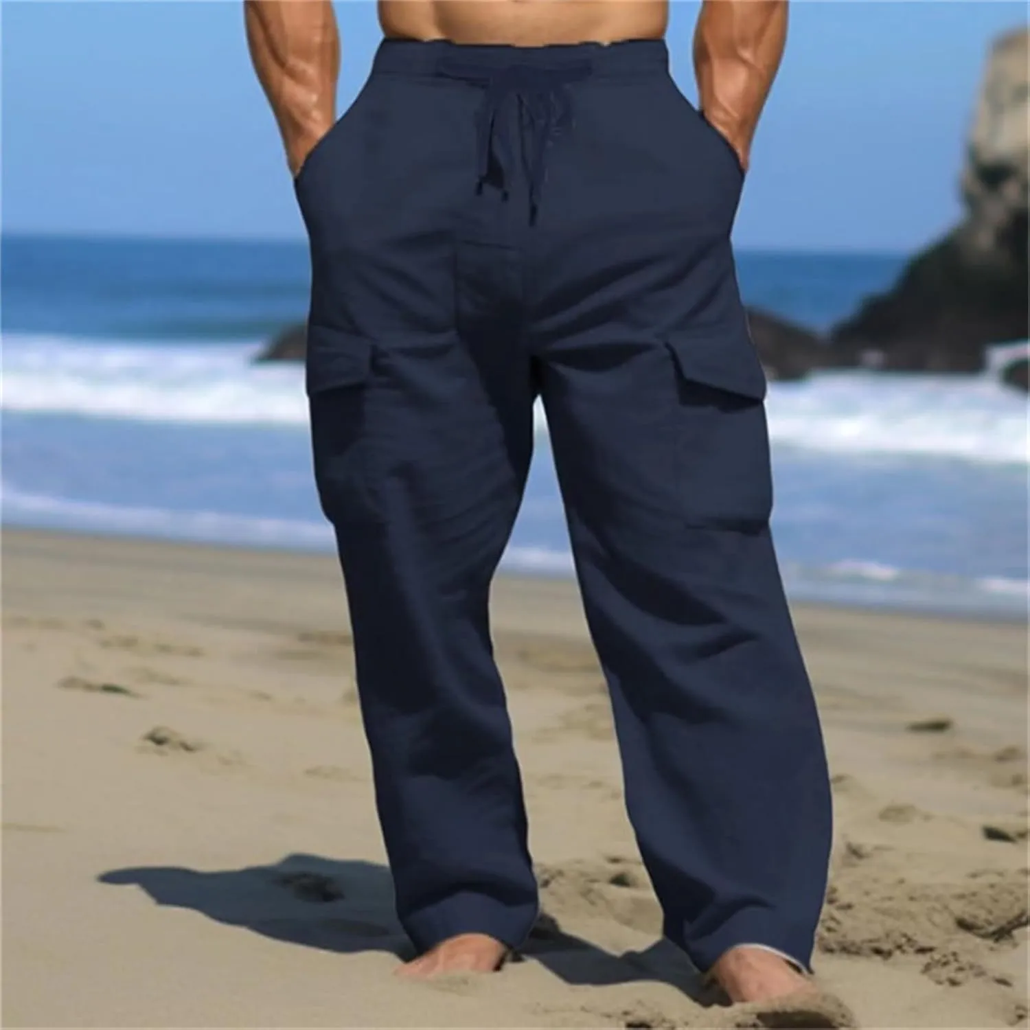 Men's Casual Cargo Pants Elastic Waist Drawstring Baggy Workout Joggers Sweatpants with Side Pockets