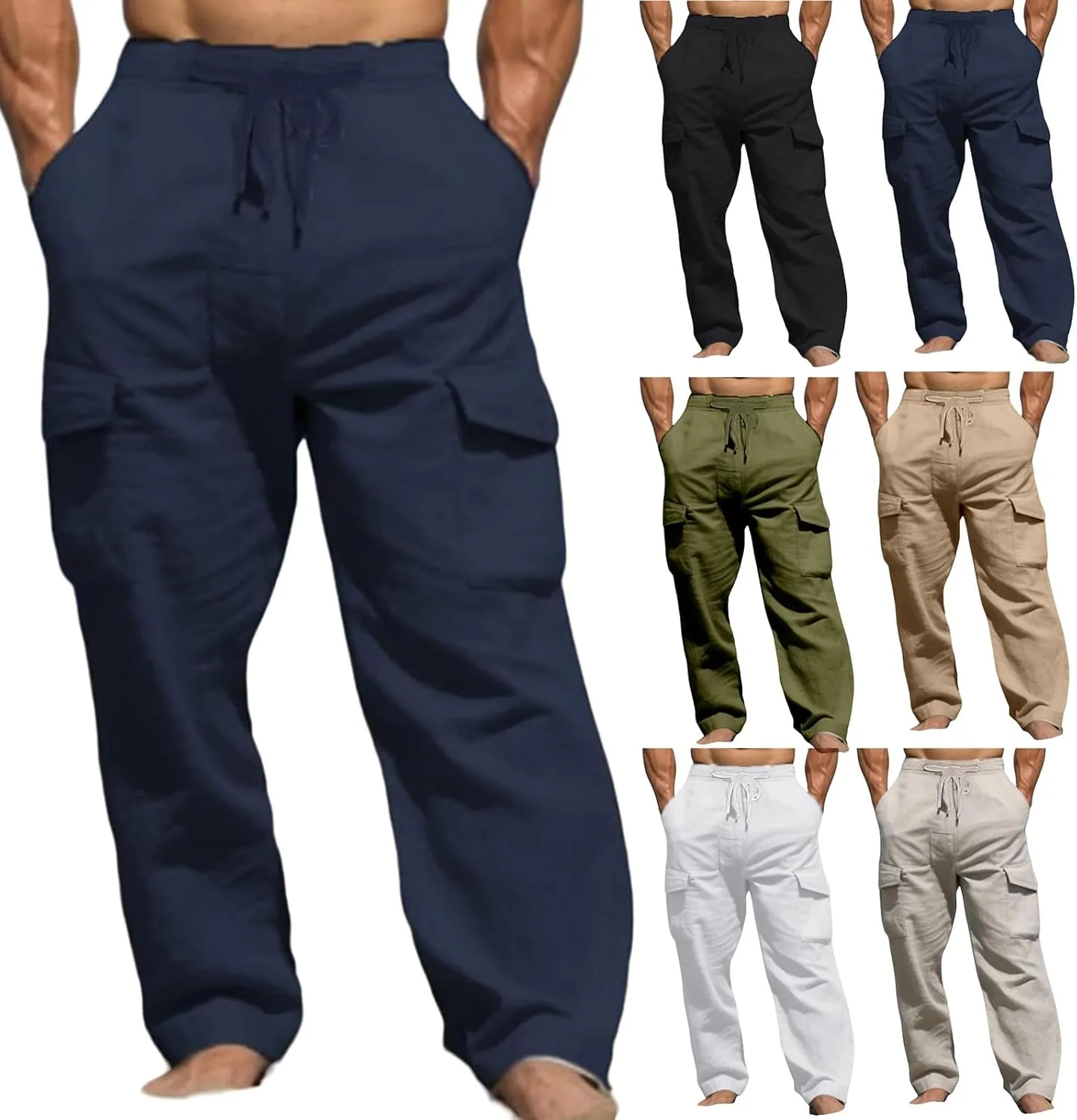 Men's Casual Cargo Pants Elastic Waist Drawstring Baggy Workout Joggers Sweatpants with Side Pockets