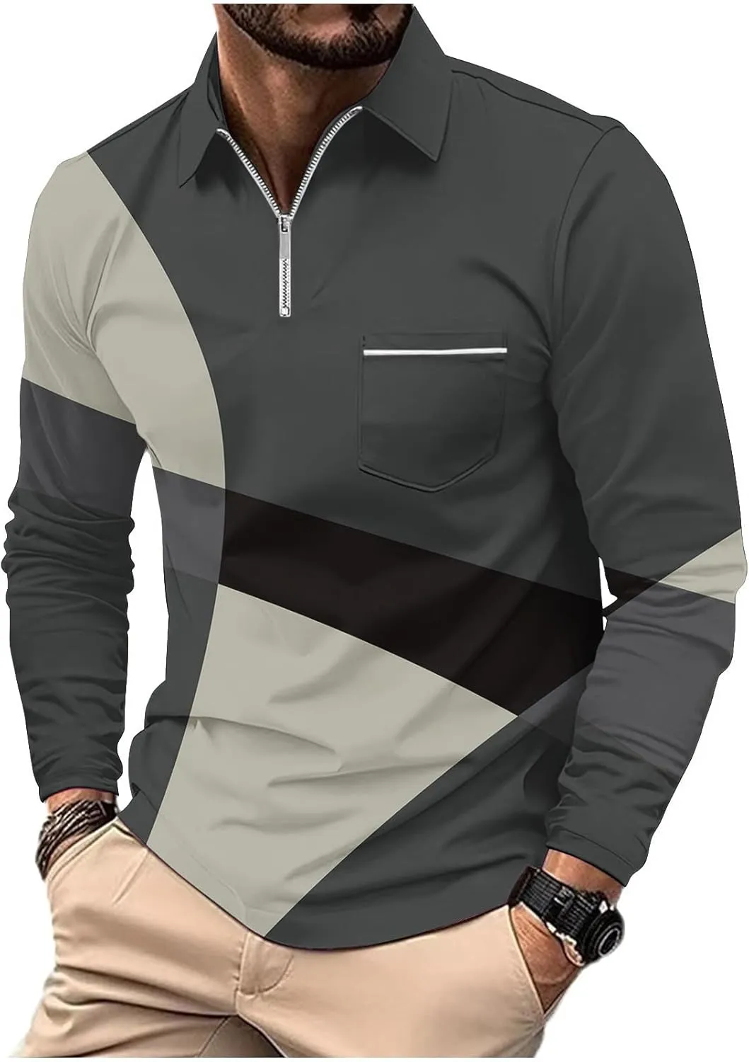 Men's Casual Colour Block Polo Shirts Striped Printed Long Sleeve Tops Zipper Lapel T-Shirt Shirt Fall Shirts