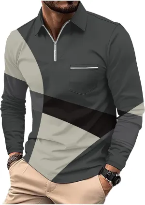 Men's Casual Colour Block Polo Shirts Striped Printed Long Sleeve Tops Zipper Lapel T-Shirt Shirt Fall Shirts