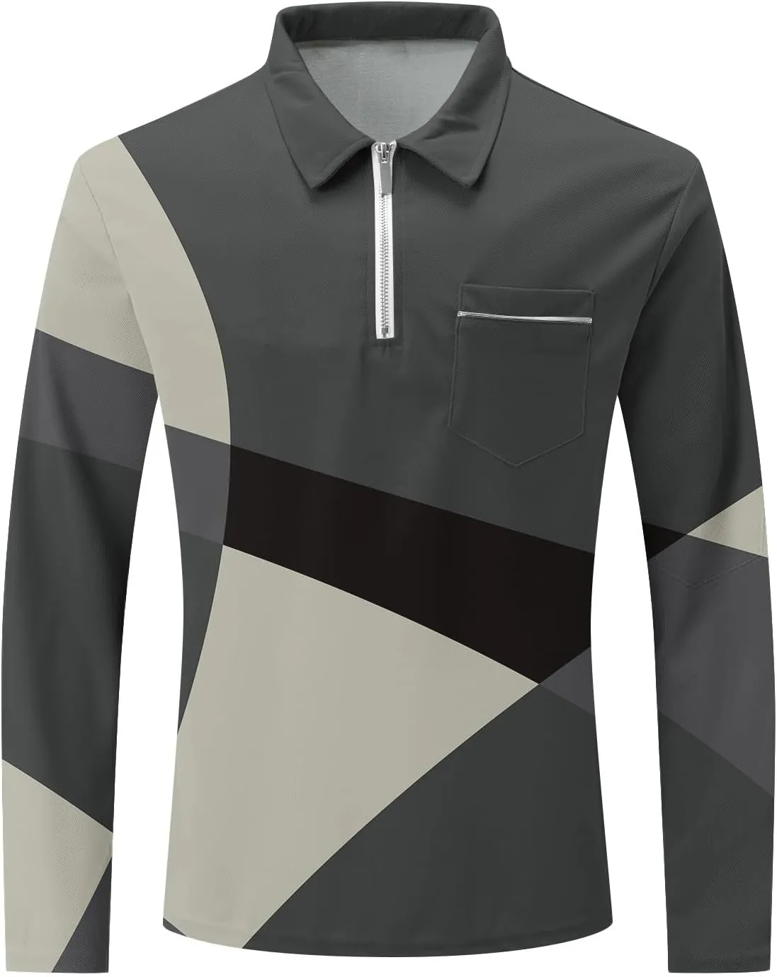 Men's Casual Colour Block Polo Shirts Striped Printed Long Sleeve Tops Zipper Lapel T-Shirt Shirt Fall Shirts