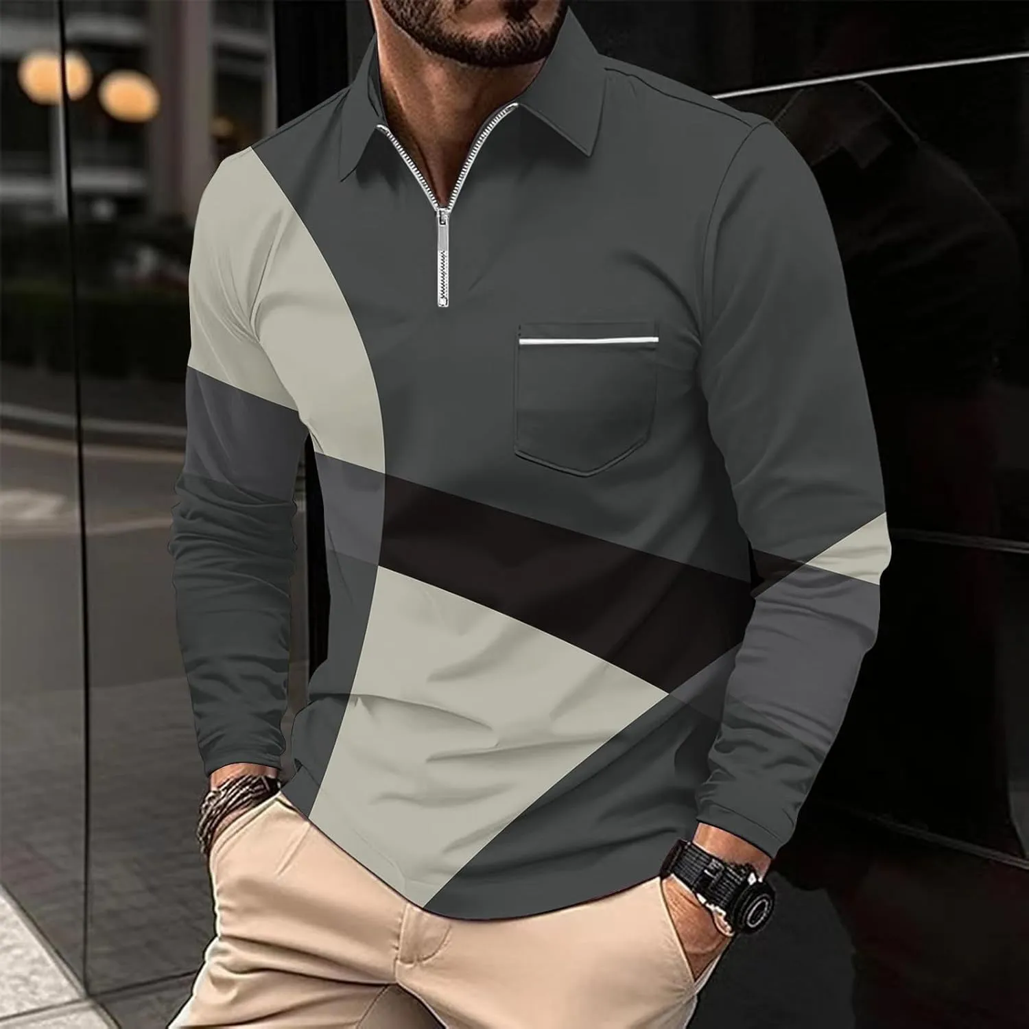 Men's Casual Colour Block Polo Shirts Striped Printed Long Sleeve Tops Zipper Lapel T-Shirt Shirt Fall Shirts