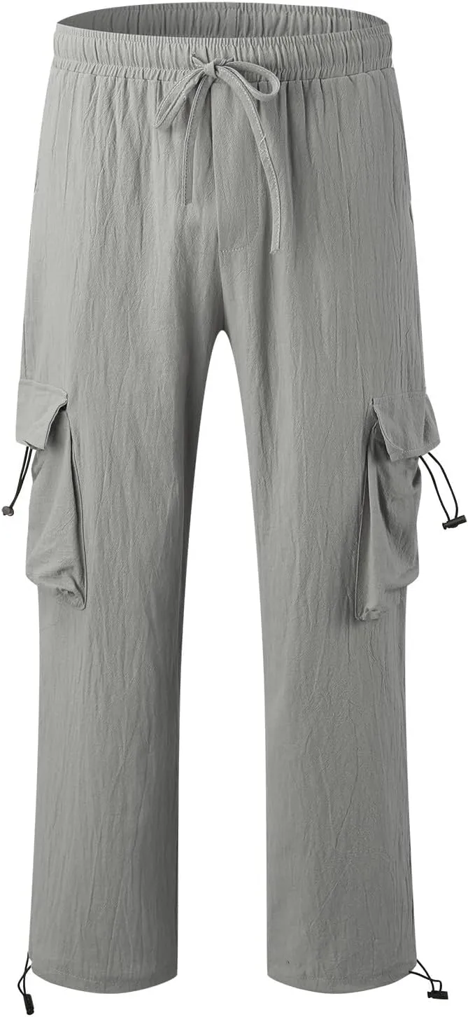 Mens Casual Cotton Linen Cargo Pants Elastic Waist Drawstring Straight Sweatpants Fashion Plain Athletic Trousers