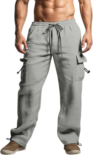 Mens Casual Cotton Linen Cargo Pants Elastic Waist Drawstring Straight Sweatpants Fashion Plain Athletic Trousers