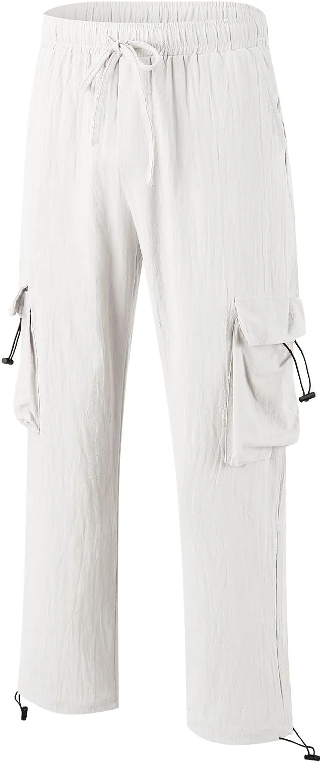 Mens Casual Cotton Linen Cargo Pants Elastic Waist Drawstring Straight Sweatpants Fashion Plain Athletic Trousers