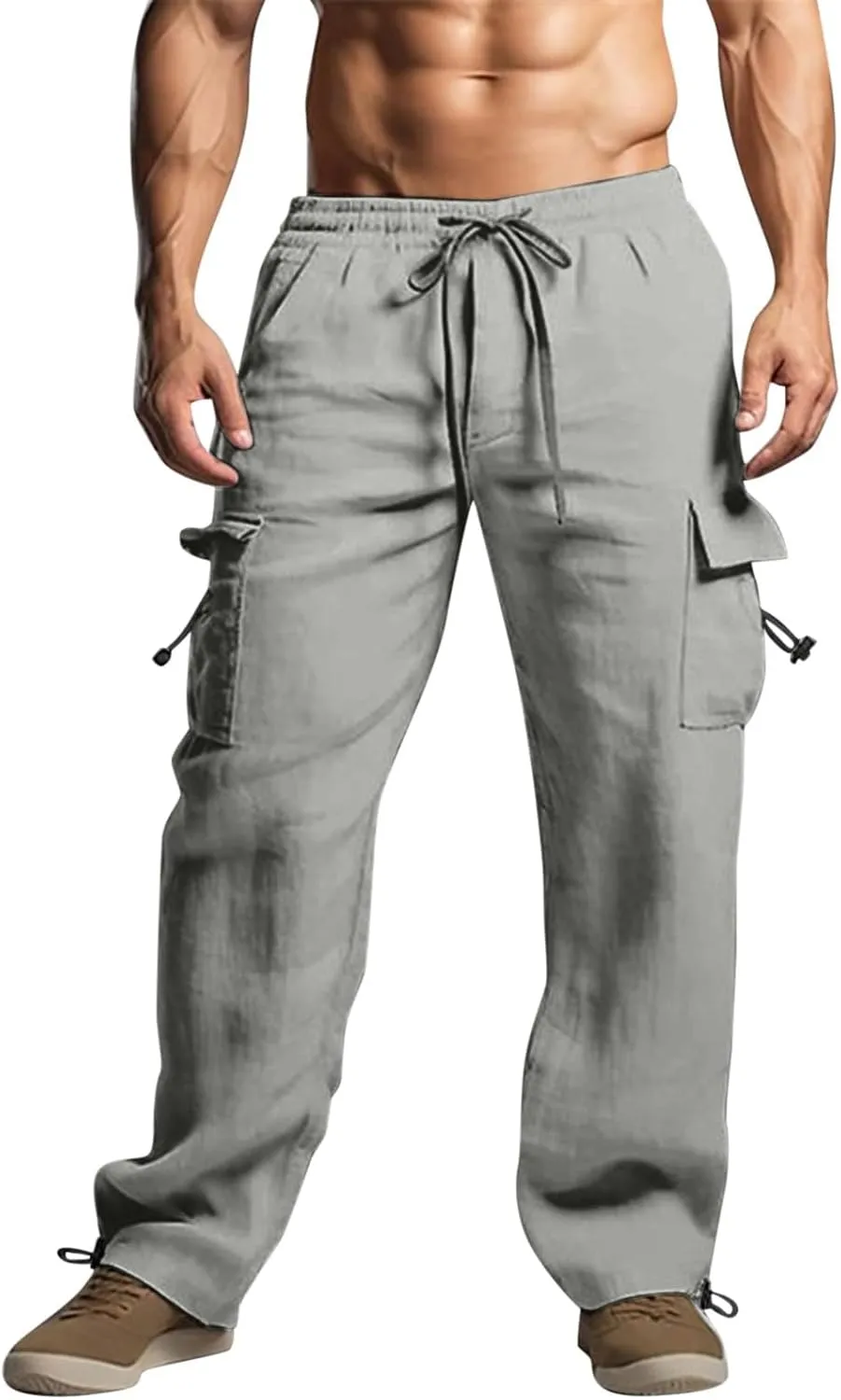 Mens Casual Cotton Linen Cargo Pants Elastic Waist Drawstring Straight Sweatpants Fashion Plain Athletic Trousers
