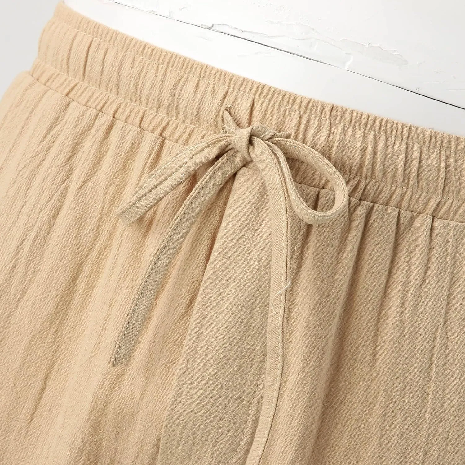 Mens Casual Cotton Linen Cargo Pants Elastic Waist Drawstring Straight Sweatpants Fashion Plain Athletic Trousers