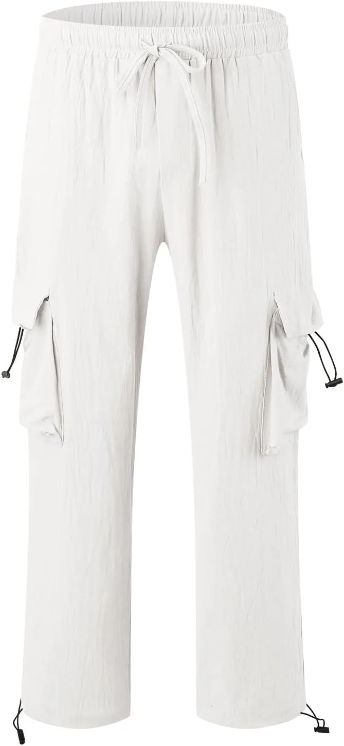 Mens Casual Cotton Linen Cargo Pants Elastic Waist Drawstring Straight Sweatpants Fashion Plain Athletic Trousers
