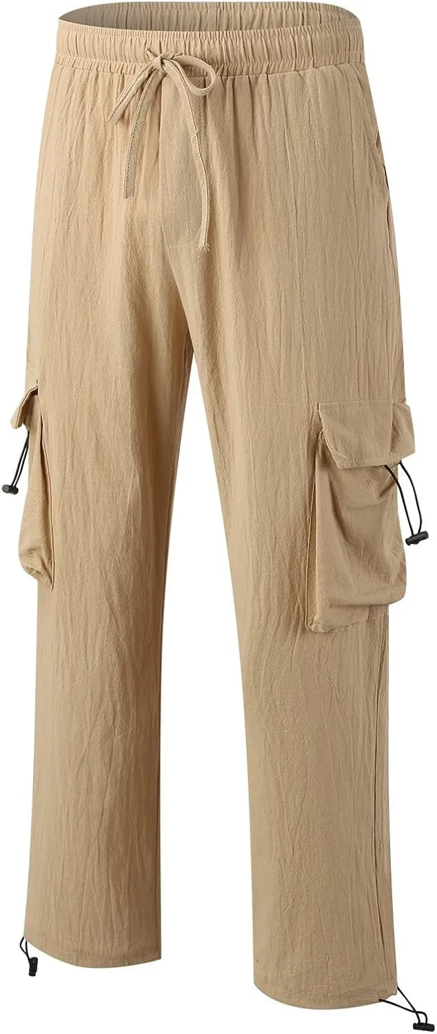 Mens Casual Cotton Linen Cargo Pants Elastic Waist Drawstring Straight Sweatpants Fashion Plain Athletic Trousers