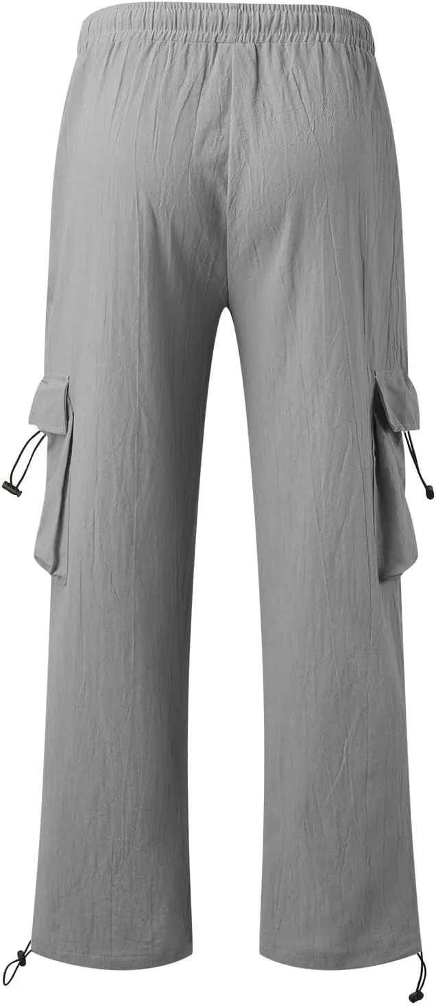 Mens Casual Cotton Linen Cargo Pants Elastic Waist Drawstring Straight Sweatpants Fashion Plain Athletic Trousers