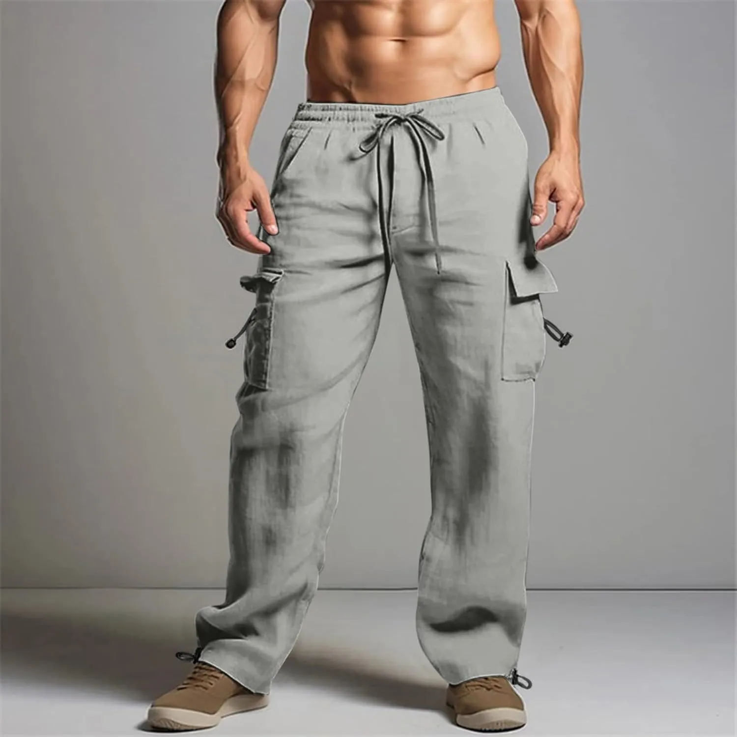 Mens Casual Cotton Linen Cargo Pants Elastic Waist Drawstring Straight Sweatpants Fashion Plain Athletic Trousers