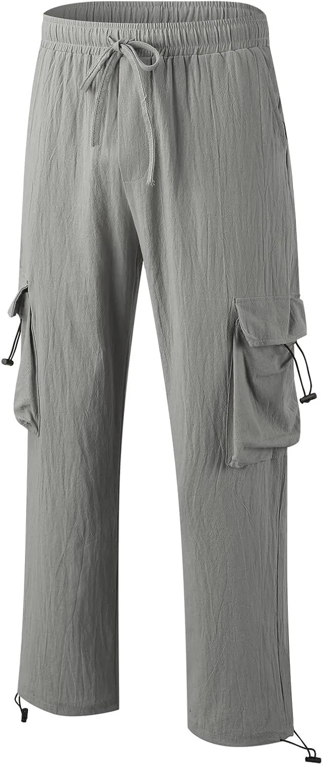 Mens Casual Cotton Linen Cargo Pants Elastic Waist Drawstring Straight Sweatpants Fashion Plain Athletic Trousers