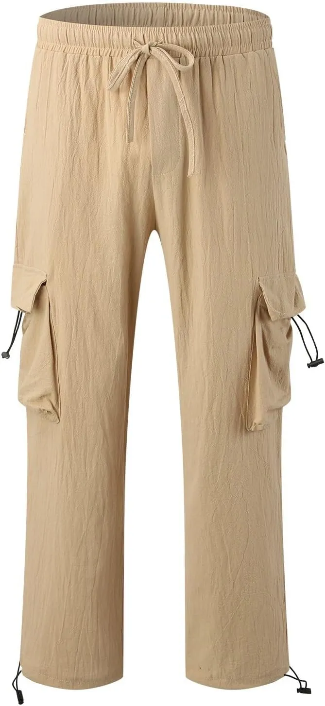 Mens Casual Cotton Linen Cargo Pants Elastic Waist Drawstring Straight Sweatpants Fashion Plain Athletic Trousers