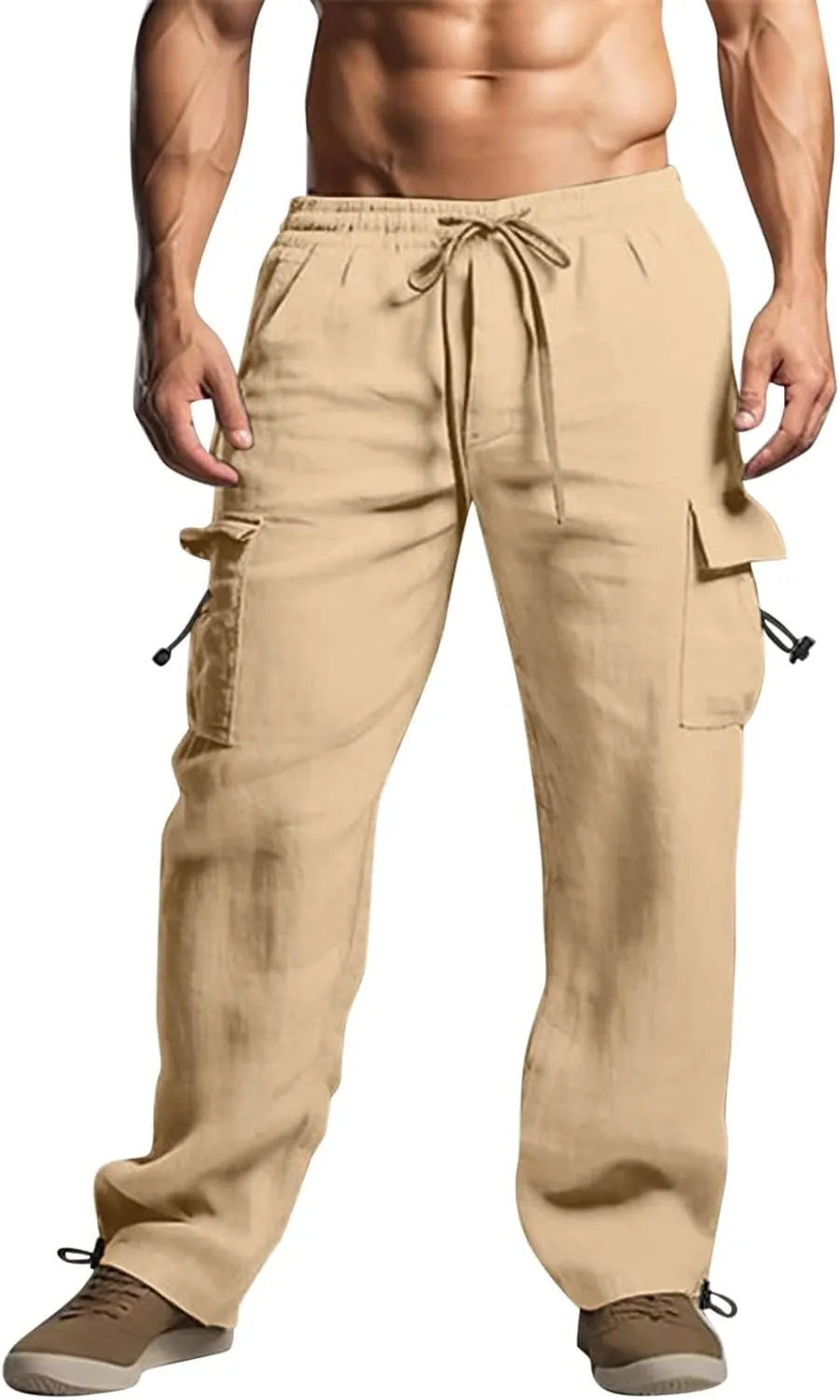 Mens Casual Cotton Linen Cargo Pants Elastic Waist Drawstring Straight Sweatpants Fashion Plain Athletic Trousers