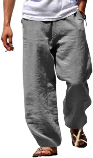 Mens Casual Cotton Linen Pants Hippie Drawstring Wide Leg Elastic Waist Sweatpants Lightweight Cargo Trousers