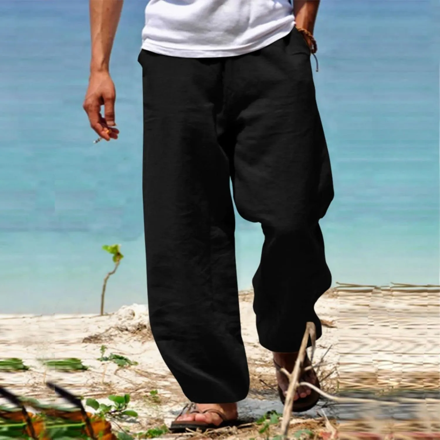 Mens Casual Cotton Linen Pants Hippie Drawstring Wide Leg Elastic Waist Sweatpants Lightweight Cargo Trousers