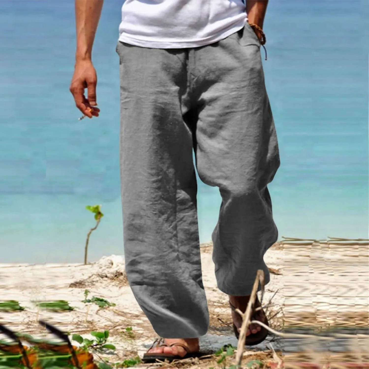 Mens Casual Cotton Linen Pants Hippie Drawstring Wide Leg Elastic Waist Sweatpants Lightweight Cargo Trousers