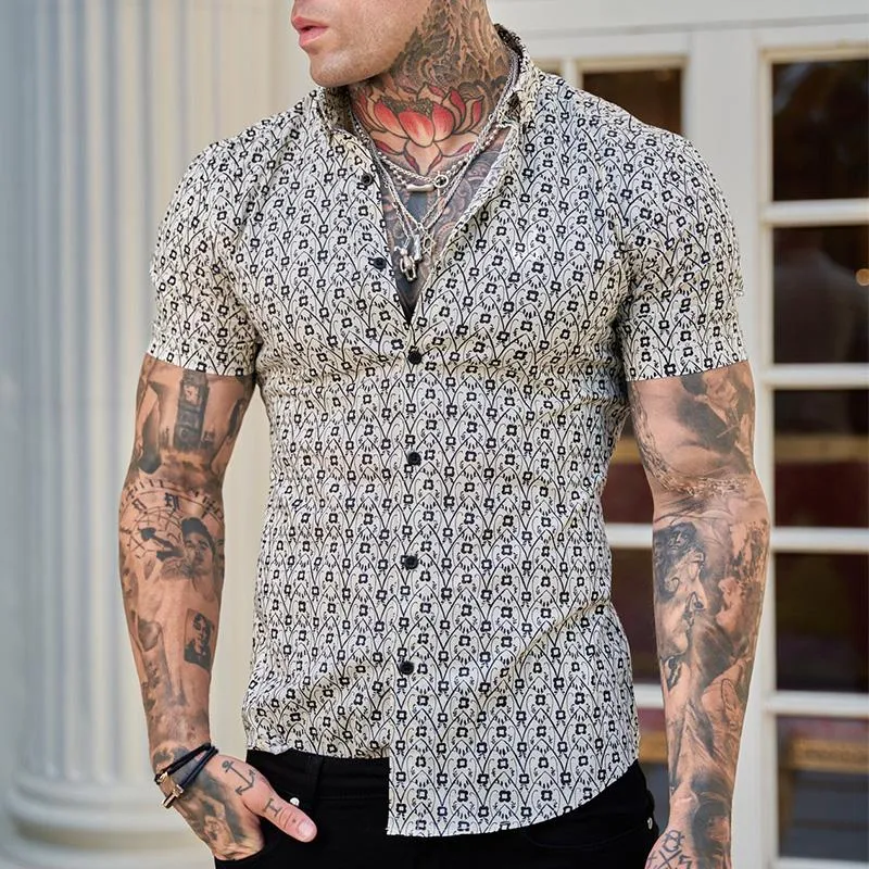 Men's Casual Diamond Print Lapel Short Sleeve Shirt 32777876TO