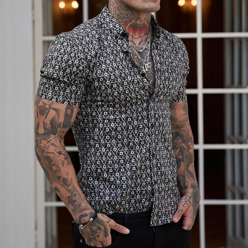 Men's Casual Diamond Print Lapel Short Sleeve Shirt 32777876TO