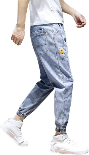 Mens Casual Drawstring Elastic Waist Pencil Pants Streetwear Cuff Trousers Jeans