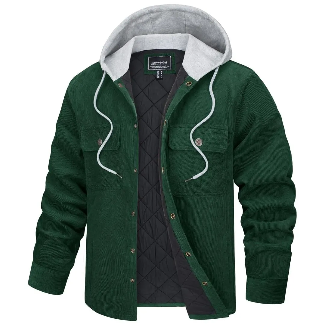 Men's Casual Hooded Corduroy Jacket Cotton Fleece Padded