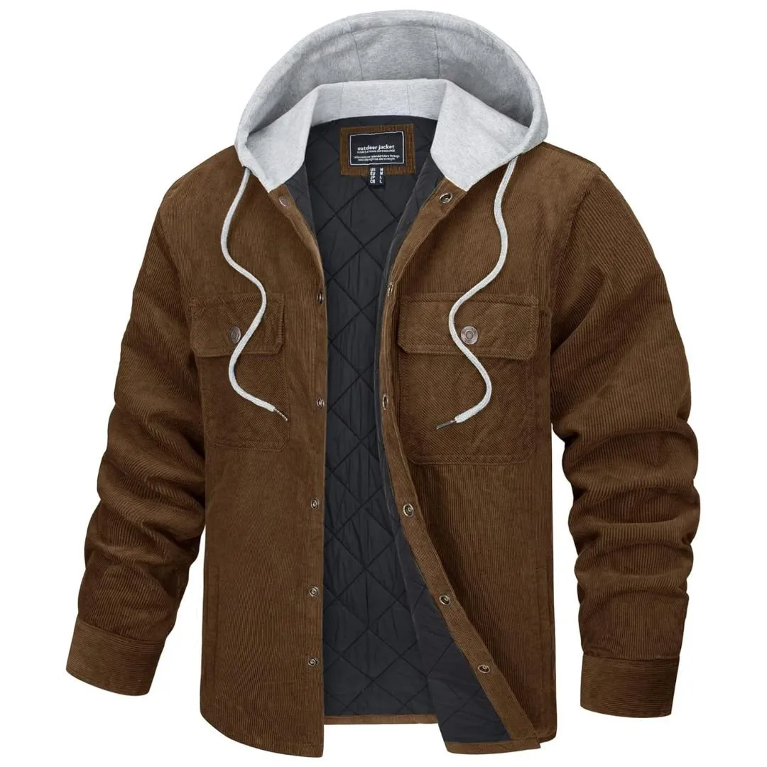 Men's Casual Hooded Corduroy Jacket Cotton Fleece Padded