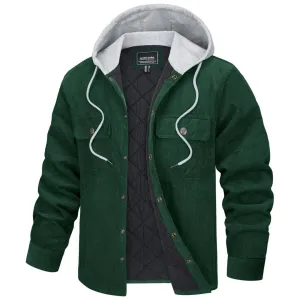 Men's Casual Hooded Corduroy Jacket Cotton Fleece Padded