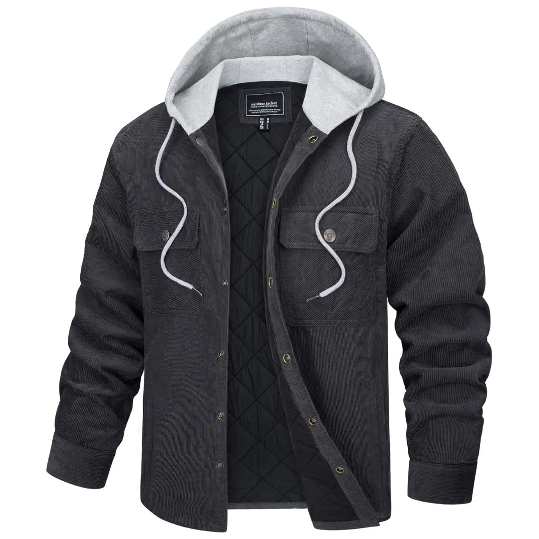 Men's Casual Hooded Corduroy Jacket Cotton Fleece Padded