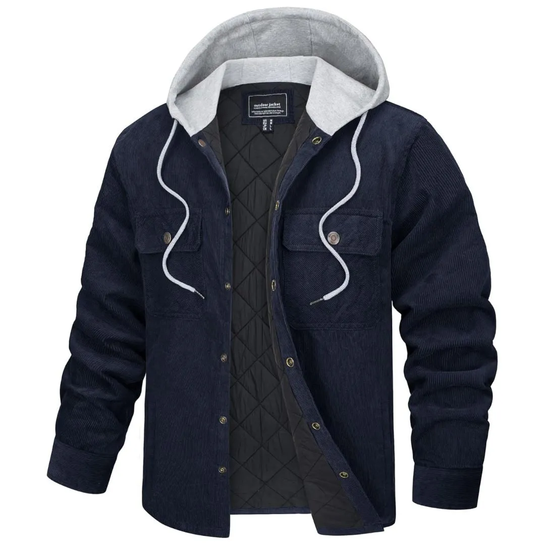 Men's Casual Hooded Corduroy Jacket Cotton Fleece Padded