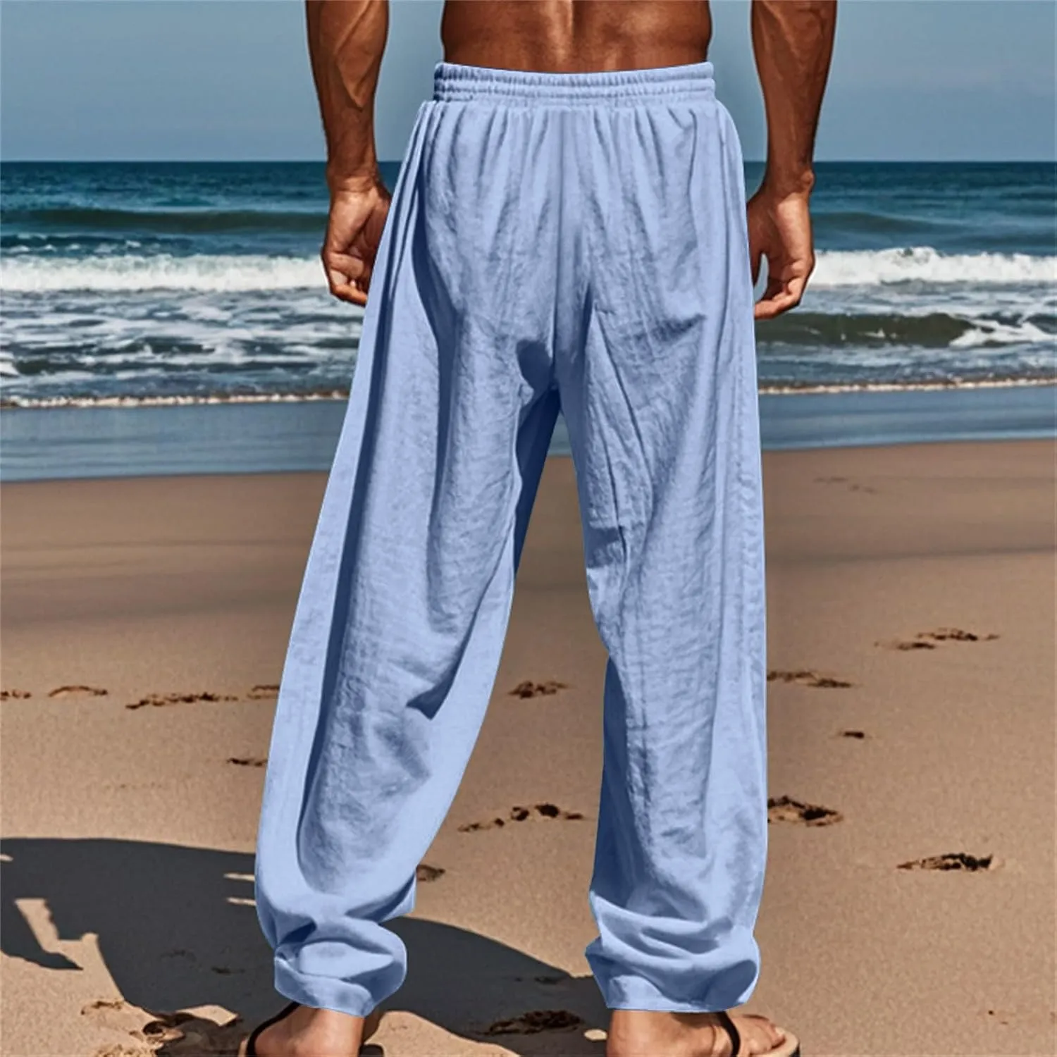 Men's Casual Linen Pants Elastic Waist Drawstring Loose Fit Trousers Lightweight Yoga Beach Pant with Pockets