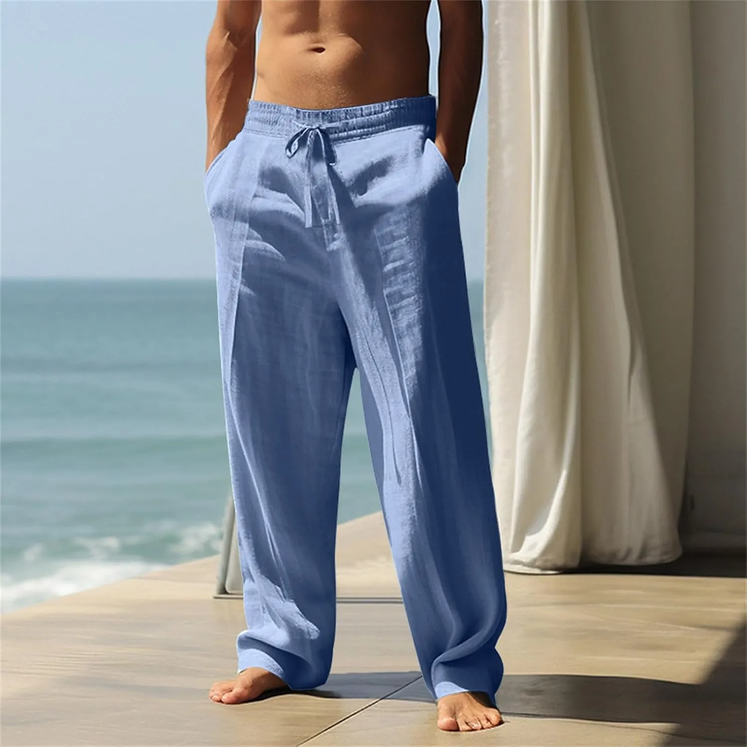 Men's Casual Linen Pants Elastic Waist Drawstring Loose Fit Trousers Lightweight Yoga Beach Pant with Pockets