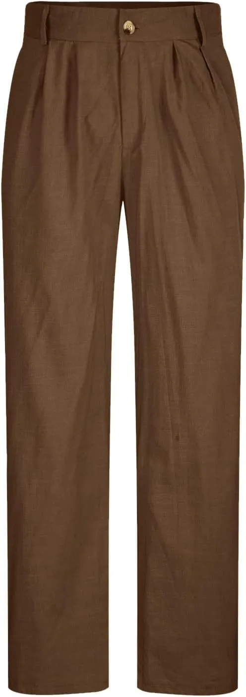 Men's Casual Linen Pants Lightweight Pleated Straight Trousers Relaxed Fit Pants Big and Tall Beach Golf Jogging Pants