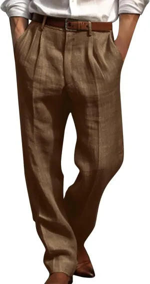 Men's Casual Linen Pants Lightweight Pleated Straight Trousers Relaxed Fit Pants Big and Tall Beach Golf Jogging Pants