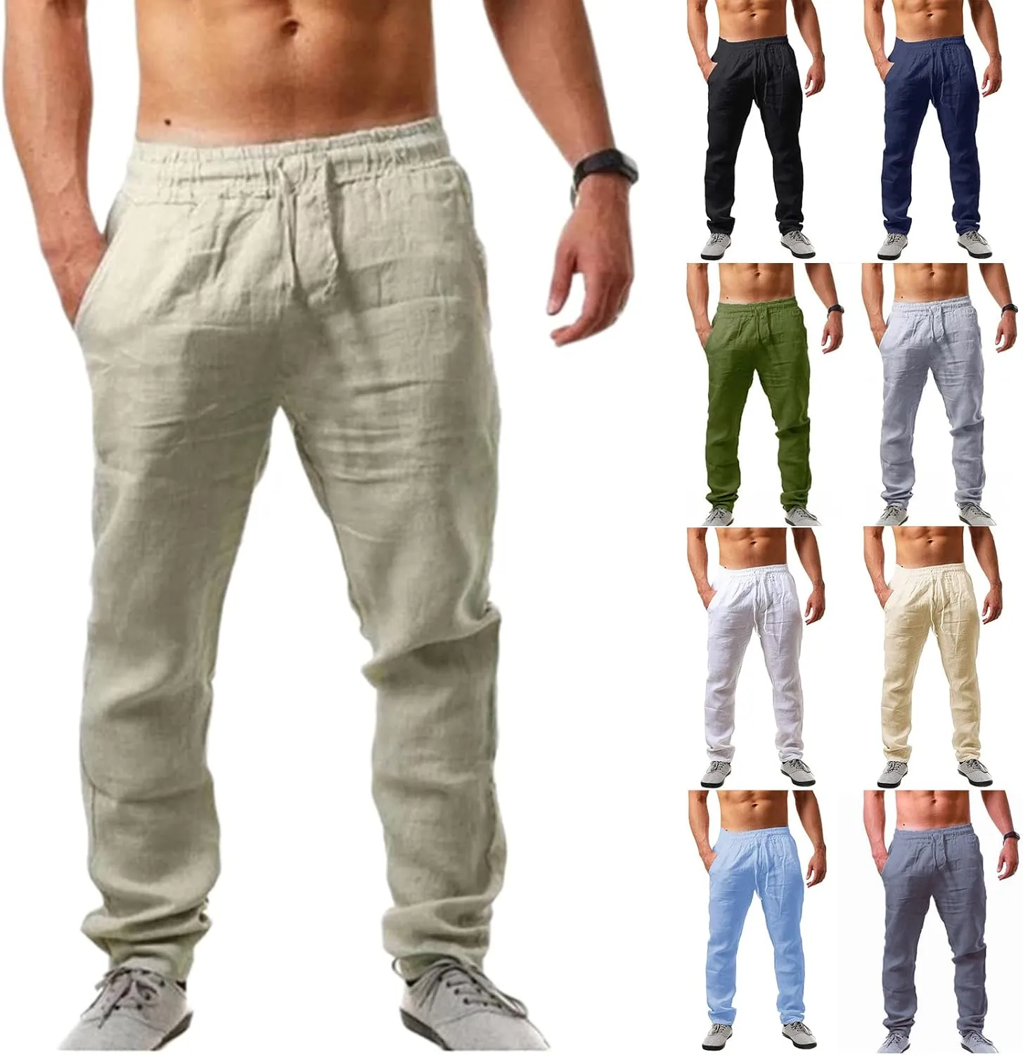 Mens Casual Linen Pants Loose Straight-Legs Joggers Cool Hip Hop Yoga Beach Trouser Elastic Waist Sweatpant for Men