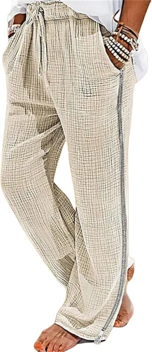 Men's Casual Linen Pants Straight Stretch Zipper Side Trousers Relaxed Fit Wide Leg Pants Vacation Beach Pants for Men
