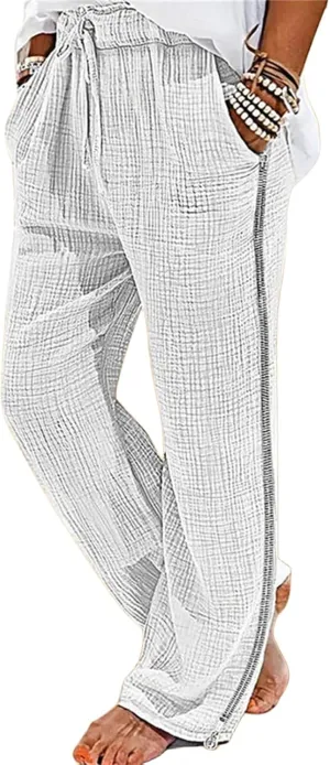 Men's Casual Linen Pants Straight Stretch Zipper Side Trousers Relaxed Fit Wide Leg Pants Vacation Beach Pants for Men