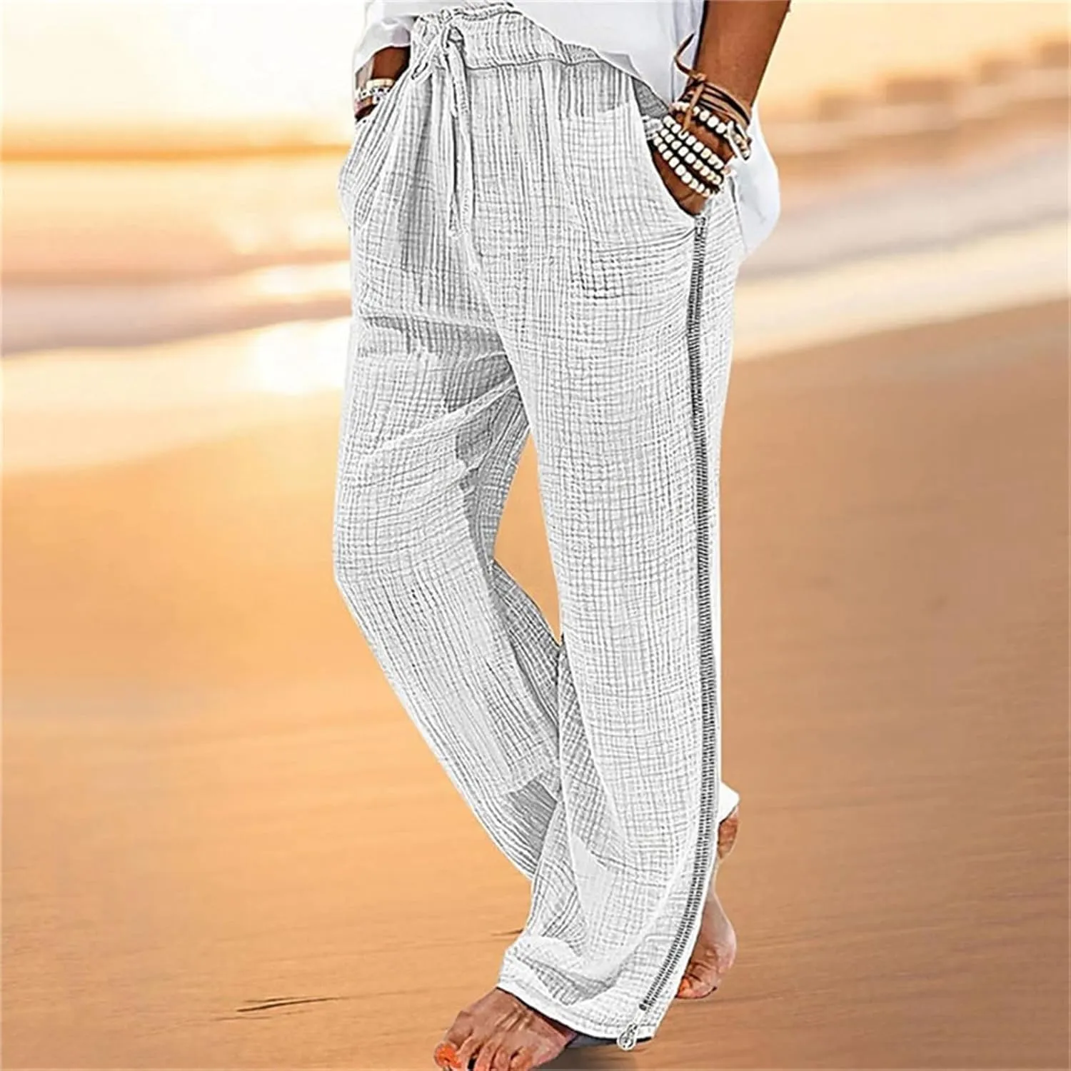 Men's Casual Linen Pants Straight Stretch Zipper Side Trousers Relaxed Fit Wide Leg Pants Vacation Beach Pants for Men