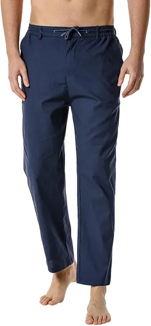 Mens Casual Pants Drawstring Elastic Waist Lightweight Linen Pant Summer Beach Trousers Loose Fit