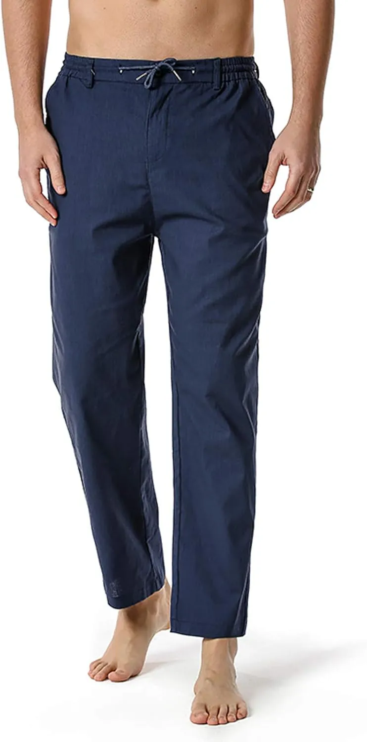 Mens Casual Pants Drawstring Elastic Waist Lightweight Linen Pant Summer Beach Trousers Loose Fit