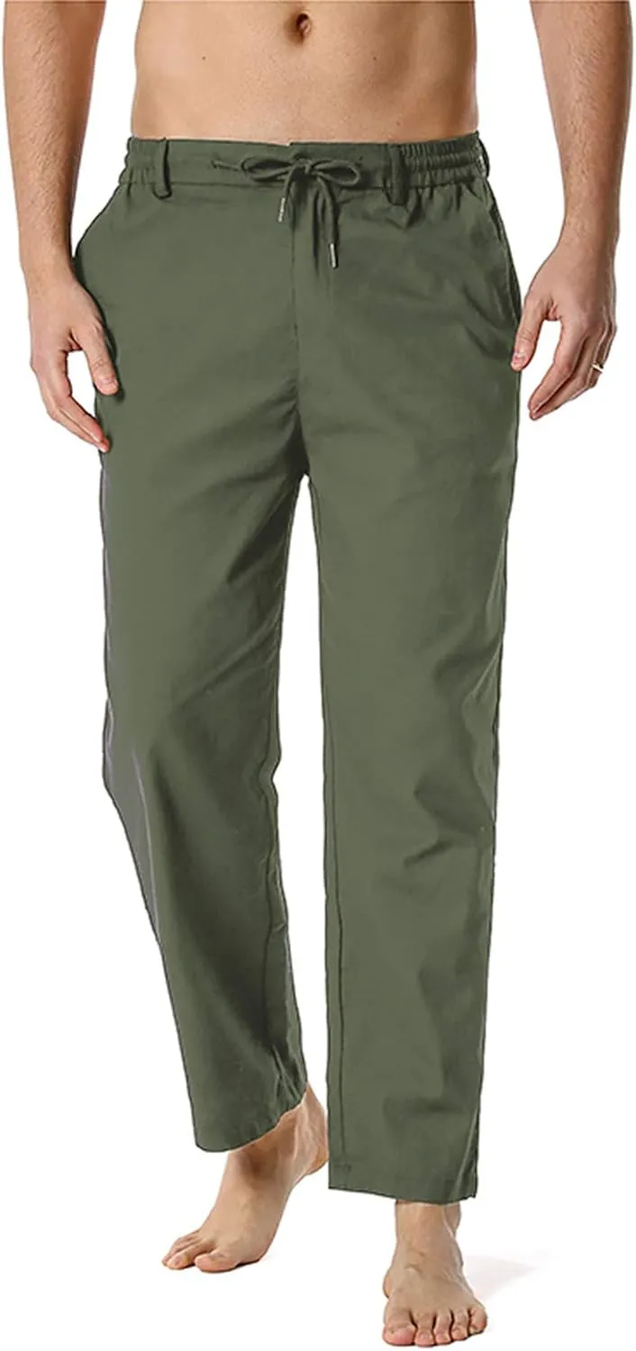 Mens Casual Pants Drawstring Elastic Waist Lightweight Linen Pant Summer Beach Trousers Loose Fit