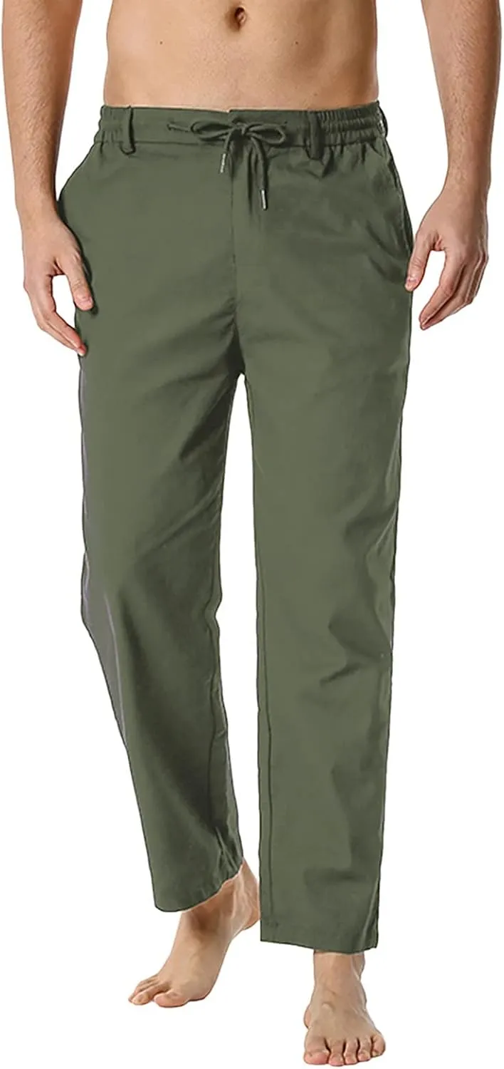 Mens Casual Pants Drawstring Elastic Waist Lightweight Linen Pant Summer Beach Trousers Loose Fit