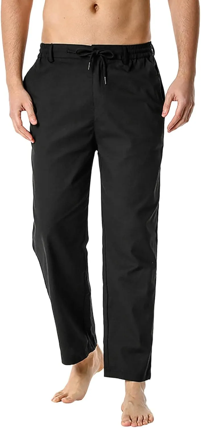 Mens Casual Pants Drawstring Elastic Waist Lightweight Linen Pant Summer Beach Trousers Loose Fit