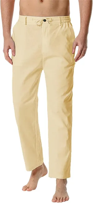 Mens Casual Pants Drawstring Elastic Waist Lightweight Linen Pant Summer Beach Trousers Loose Fit