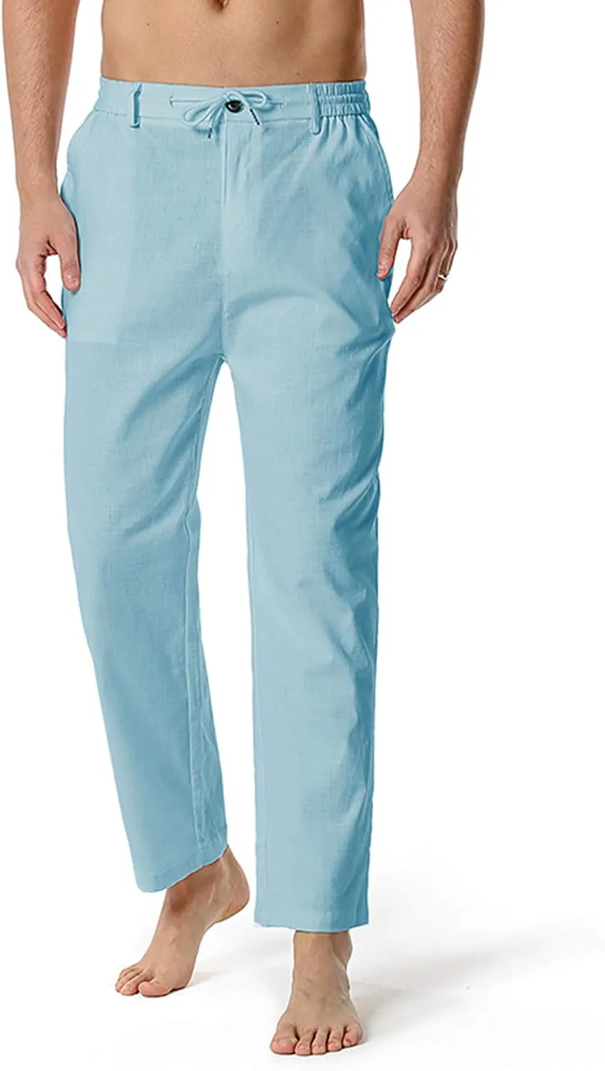 Mens Casual Pants Drawstring Elastic Waist Lightweight Linen Pant Summer Beach Trousers Loose Fit
