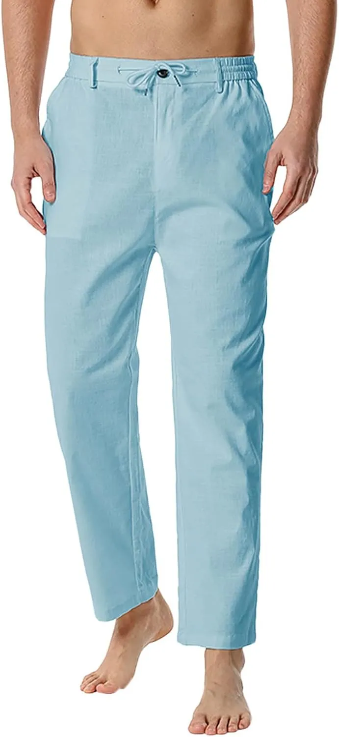 Mens Casual Pants Drawstring Elastic Waist Lightweight Linen Pant Summer Beach Trousers Loose Fit