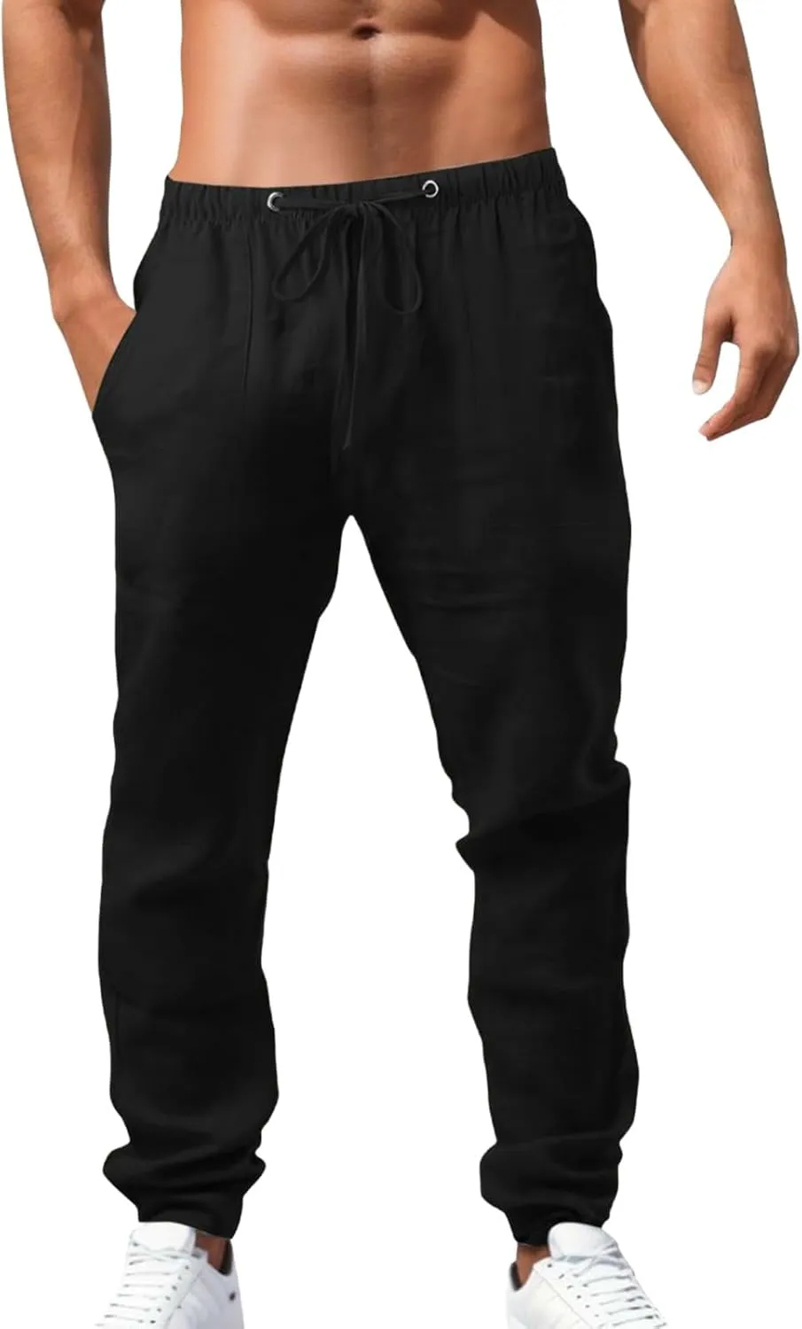 Mens Casual Pants Drawstring Elastic Waist Lightweight Solid Color Linen Pant Summer Yoga Beach Trousers with Pockets