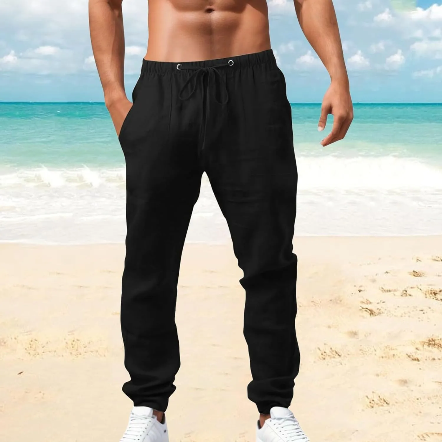 Mens Casual Pants Drawstring Elastic Waist Lightweight Solid Color Linen Pant Summer Yoga Beach Trousers with Pockets